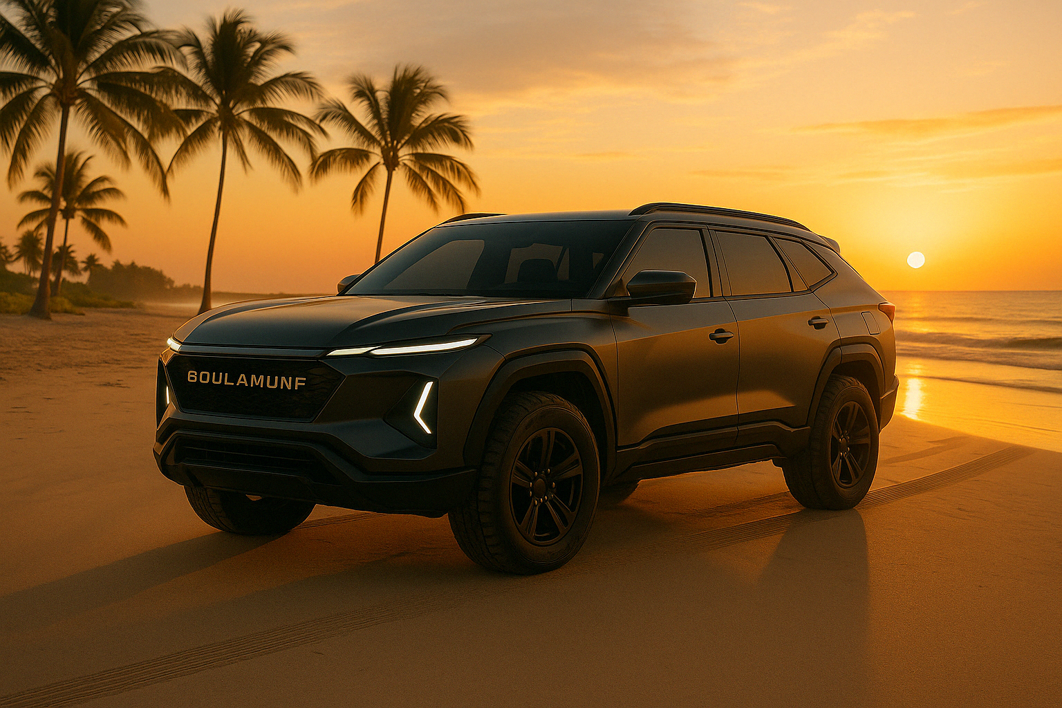 SUV hydrogène Goulamunf stationné sur la plage au coucher du soleil, avec des palmiers en arrière-plan et des reflets dorés sur le sable.